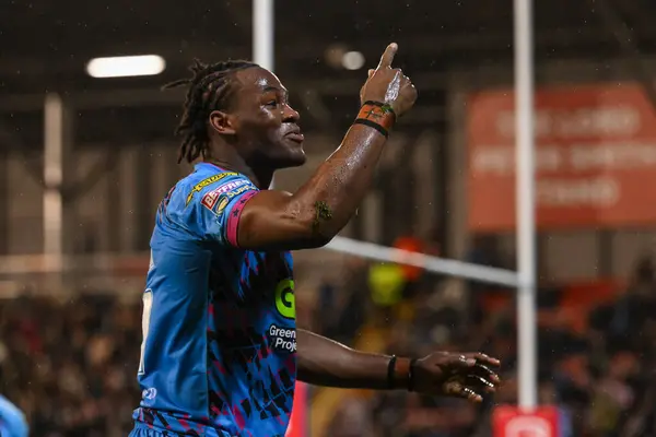 stock image Junior Nsemba of Wigan Warriors celebrates his try during the Betfred Super League Round 7 match Leigh Leopards vs Wigan Warriors at Leigh Sports Village, Leigh, United Kingdom, 4th April 202