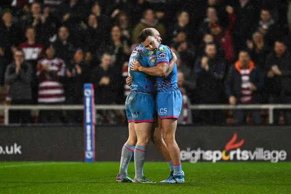 Stock image Jai Field of Wigan Warriors celebrates his try during the Betfred Super League Round 7 match Leigh Leopards vs Wigan Warriors at Leigh Sports Village, Leigh, United Kingdom, 4th April 202