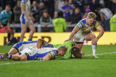 Warrington Wolves takımından Danny Walker, 5 Nisan 202 'de Leeds Stadyumu' nda oynanan Betfred Süper Lig 7. Raundunda Leeds Gergedan ve Warrington Wolves maçına çıkıyor.