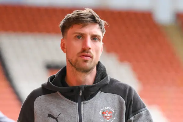 stock image Jake Beesley of Blackpool arrives ahead of the Sky Bet League 1 match Blackpool vs Cambridge United at Bloomfield Road, Blackpool, United Kingdom, 6th April 202