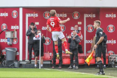 Alfie May of Charlton Athletic celebrates his goal to make it 2-1 during the Sky Bet League 1 match Charlton Athletic vs Barnsley at The Valley, London, United Kingdom, 6th April 202 clipart