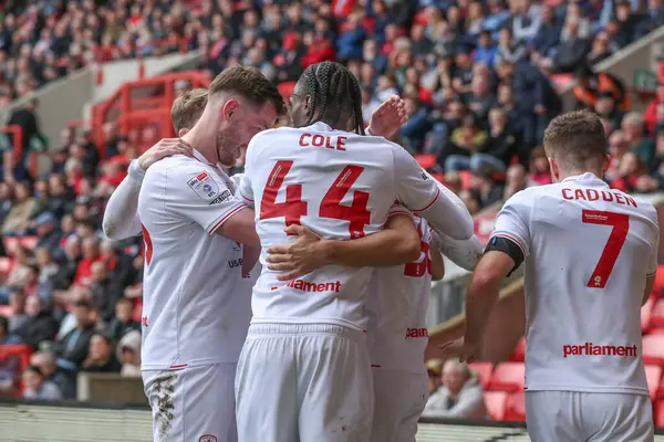 stock image Adam Phillips of Barnsley celebrates his goal to make it 1-1 during the Sky Bet League 1 match Charlton Athletic vs Barnsley at The Valley, London, United Kingdom, 6th April 202