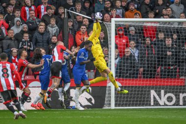 Chelsea 'den Corce Petrovi Premier Lig maçında Sheffield United' ın Chelsea 'ye karşı oynadığı Bramall Lane, Sheffield, İngiltere' de 7 Nisan 2024 'te topu yakalıyor.