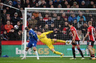 Chelsea 'den Djordje Petrovi Premier Lig maçında Sheffield United' ın Chelsea 'ye karşı oynadığı Bramall Lane, Sheffield, İngiltere' de 7 Nisan 2024 'te topu geriyor.