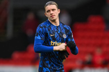Chelsea 'li Conor Gallagher Premier Lig karşılaşması öncesinde Sheffield United Chelsea' ye karşı 7 Nisan 202 'de Bramall Lane, Sheffield, İngiltere' de oynanan maç öncesi ısınma maçında