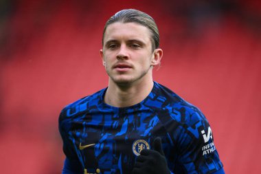 Chelsea 'li Conor Gallagher Premier Lig karşılaşması öncesinde Sheffield United Chelsea' ye karşı 7 Nisan 202 'de Bramall Lane, Sheffield, İngiltere' de oynanan maç öncesi ısınma maçında