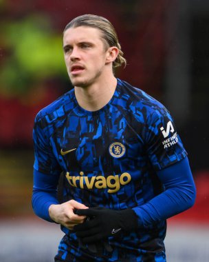 Chelsea 'li Conor Gallagher Premier Lig karşılaşması öncesinde Sheffield United Chelsea' ye karşı 7 Nisan 202 'de Bramall Lane, Sheffield, İngiltere' de oynanan maç öncesi ısınma maçında