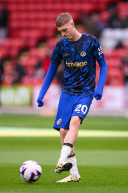Chelsea 'den Cole Palmer Premier Lig karşılaşması öncesinde Sheffield United Chelsea' ye karşı 7 Nisan 202 'de Bramall Lane, Sheffield, İngiltere' de oynanan maç öncesi ısınma maçında