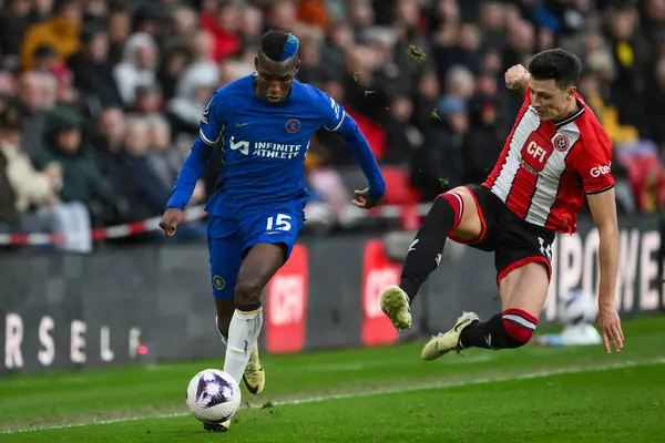 Sheffield United takımından Anel Ahmedhodi, Premier League maçında Sheffield United 'ın Chelsea' ye karşı 7 Nisan 2024 'te Bramall Lane, Sheffield, İngiltere' de oynadığı maçta Chelsea 'li Nicolas Jackson' ı yere serdi.