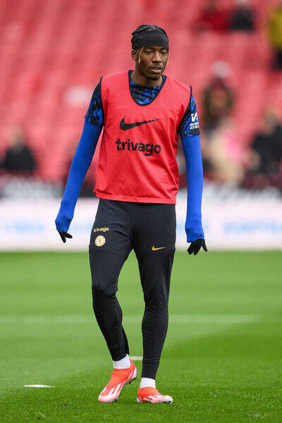 Noni Madueke of Chelsea during the pre-game warmup ahead of the Premier League match Sheffield United vs Chelsea at Bramall Lane, Sheffield, United Kingdom, 7th April 202