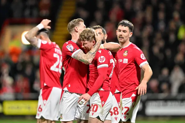 stock image Andy Cannon of Wrexham celebrates his goal to make it 3-0 Wrexham, during the Sky Bet League 2 match Wrexham vs Crawley Town at SToK Cae Ras, Wrexham, United Kingdom, 9th April 202