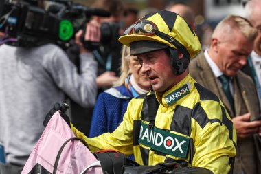Nico de Boinville after winning the 2.20pm The Boodles Anniversary 4-y-o Juvenile Hurdle (Class 1) during the Randox Grand National 2024 Opening Day at Aintree Racecourse, Liverpool, United Kingdom, 11th April 202 clipart