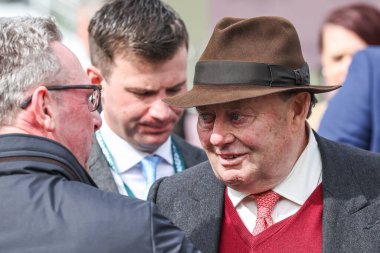 Trainer Nicky Henderson after winning winning the 2.20pm The Boodles Anniversary 4-y-o Juvenile Hurdle (Class 1) during the Randox Grand National 2024 Opening Day at Aintree Racecourse, Liverpool, United Kingdom, 11th April 202 clipart