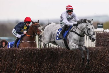 Harry Skelton 'ın sürdüğü Beklenmedik Parti, Randox Grand 2024 Aintree Yarış Pisti, Liverpool, Birleşik Krallık, 1. Açılış Günü sırasında Red Rum Handicap Çan Çan Saati (Sınıf 1)' in ilk turunda çitleri aşıyor.