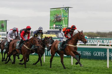 Kielan Woods 'un sürdüğü Diva Luna, 11 Nisan 202' de İngiltere 'nin Liverpool kentinde düzenlenen Randox Grand National 2024 Açılış Günü' nde ilk turda yarışı önde götürüyor.