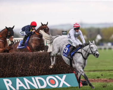 Harry Skelton 'ın sürdüğü Beklenmedik Parti, Randox Grand 2024 Aintree Yarış Pisti, Liverpool, Birleşik Krallık, 1. Açılış Günü sırasında Red Rum Handicap Çan Çan Saati (Sınıf 1)' in ilk turunda çitleri aşıyor.