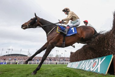 Sam Twiston-Davies 'in bindiği Broadway Çocuğu, Aintree Hipodromu' nda düzenlenen Randox Grand National 2024 Kadınlar Yarış Günü sırasında 13: 45 Huyton Asphalt Franny Blennerhassett Memorial Mildmay Novices Steeple Chase (Sınıf 1) sırasında atlamayı başarıyor.