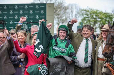 Ciaran Gethnigs celebrates winning the 4.05pm The Randox Supports Race Against Dementia Topham Chase (Grade 3) during the The Randox Grand National 2024 Ladies Day at Aintree Racecourse, Liverpool, United Kingdom, 12th April 202 clipart