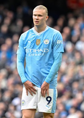 Manchester City 'den Erling Haaland, Premier League maçı sırasında Manchester City ile Luton Town Etihad Stadyumu, Manchester, İngiltere, 13 Nisan 202