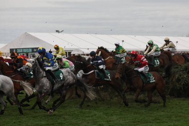 Aintree Yarış Pisti, Liverpool, 12 Nisan 202 'de düzenlenen Randox Grand National 2024 Kadınlar Günü' nde atlar kürsüye atlıyor.