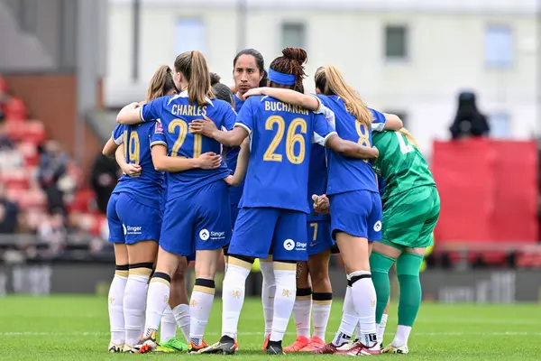 stock image Chelsea have a team huddle ahead of kick off, during the Adobe Women's FA Cup Semi-Final match Manchester United Women vs Chelsea FC Women at Leigh Sports Village, Leigh, United Kingdom, 14th April 202