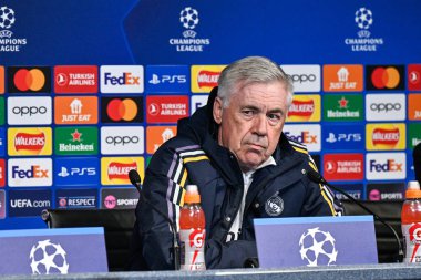 Real Madrid Şampiyonlar Ligi Basın Konferansı sırasında Real Madrid 'in Carlo Ancelotti teknik direktörü Joie Stadyumu, Manchester, İngiltere, 16 Nisan 202