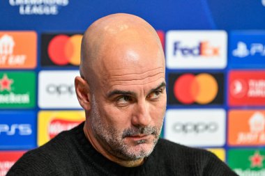 Manchester Şampiyonlar Ligi Basın Konferansı sırasında Manchester City 'nin Pep Guardiola Müdürü Joie Stadyumu, Manchester, İngiltere, 16 Nisan 202