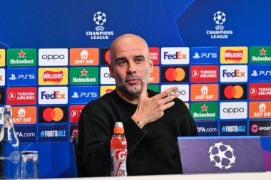 Manchester Şampiyonlar Ligi Basın Konferansı sırasında Manchester City 'nin Pep Guardiola Müdürü Joie Stadyumu, Manchester, İngiltere, 16 Nisan 202