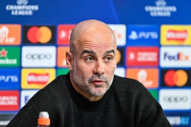 Manchester Şampiyonlar Ligi Basın Konferansı sırasında Manchester City 'nin Pep Guardiola Müdürü Joie Stadyumu, Manchester, İngiltere, 16 Nisan 202