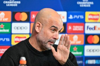 Manchester Şampiyonlar Ligi Basın Konferansı sırasında Manchester City 'nin Pep Guardiola Müdürü Joie Stadyumu, Manchester, İngiltere, 16 Nisan 202