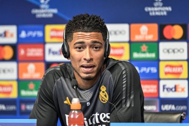 Real Madrid Şampiyonlar Ligi Basın Konferansı sırasında Real Madrid 'den Jude Bellingham Joie Stadyumu, Manchester, İngiltere, 16 Nisan 202