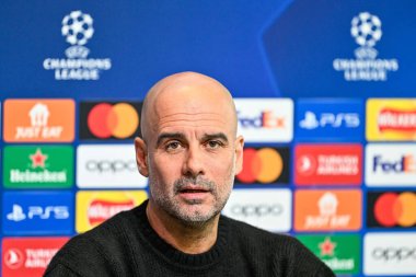 Manchester Şampiyonlar Ligi Basın Konferansı sırasında Manchester City 'nin Pep Guardiola Müdürü Joie Stadyumu, Manchester, İngiltere, 16 Nisan 202
