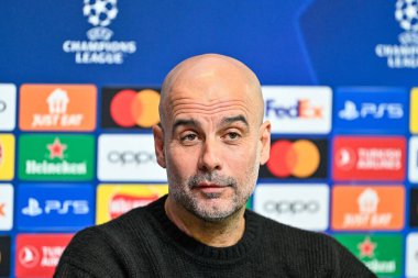 Manchester Şampiyonlar Ligi Basın Konferansı sırasında Manchester City 'nin Pep Guardiola Müdürü Joie Stadyumu, Manchester, İngiltere, 16 Nisan 202