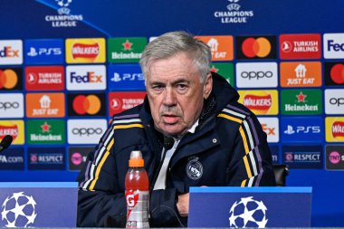 Real Madrid Şampiyonlar Ligi Basın Konferansı sırasında Real Madrid 'in Carlo Ancelotti teknik direktörü Joie Stadyumu, Manchester, İngiltere, 16 Nisan 202