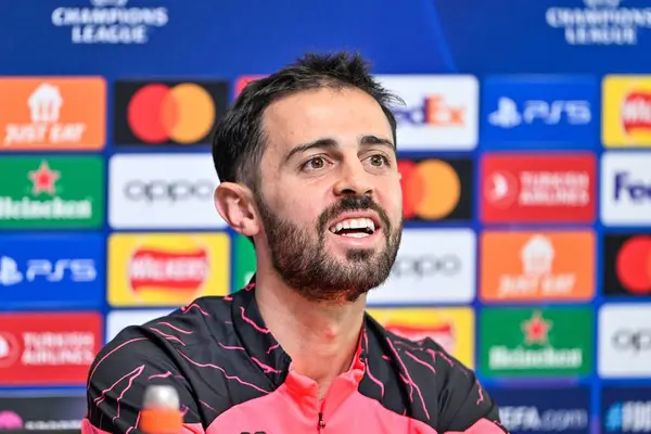 stock image Bernardo Silva of Manchester City during the Manchester City Champions League press Conference at Joie Stadium, Manchester, United Kingdom, 16th April 202