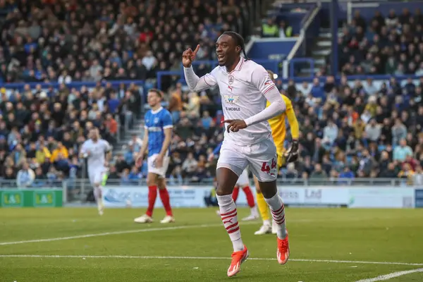 stock image Devante Cole of Barnsley celebrates his goal to make it 0-1 during the Sky Bet League 1 match Portsmouth vs Barnsley at Fratton Park, Portsmouth, United Kingdom, 16th April 202