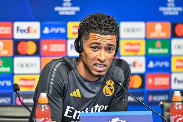 stock image Jude Bellingham of Real Madrid during the Real Madrid Champions League press Conference at Joie Stadium, Manchester, United Kingdom, 16th April 202