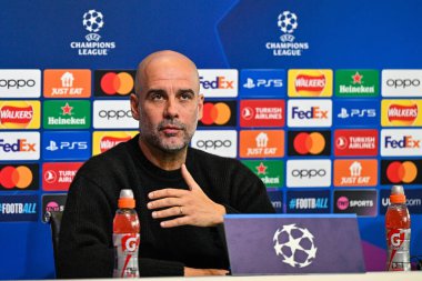 Manchester Şampiyonlar Ligi Basın Konferansı sırasında Manchester City 'nin Pep Guardiola Müdürü Joie Stadyumu, Manchester, İngiltere, 16 Nisan 202