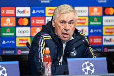 Real Madrid Şampiyonlar Ligi Basın Konferansı sırasında Real Madrid 'in Carlo Ancelotti teknik direktörü Joie Stadyumu, Manchester, İngiltere, 16 Nisan 202