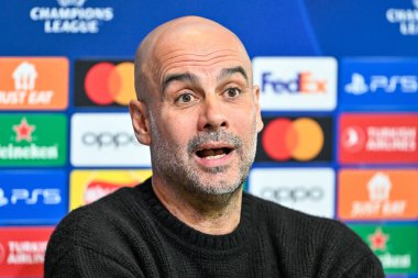 Manchester Şampiyonlar Ligi Basın Konferansı sırasında Manchester City 'nin Pep Guardiola Müdürü Joie Stadyumu, Manchester, İngiltere, 16 Nisan 202