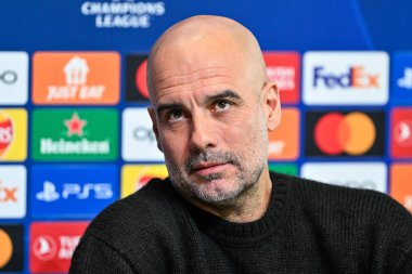 Manchester Şampiyonlar Ligi Basın Konferansı sırasında Manchester City 'nin Pep Guardiola Müdürü Joie Stadyumu, Manchester, İngiltere, 16 Nisan 202