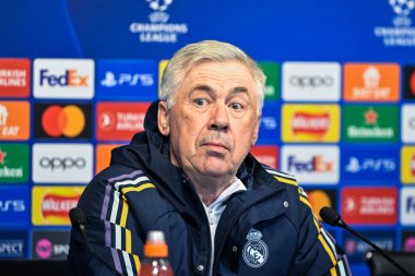 Real Madrid Şampiyonlar Ligi Basın Konferansı sırasında Real Madrid 'in Carlo Ancelotti teknik direktörü Joie Stadyumu, Manchester, İngiltere, 16 Nisan 202