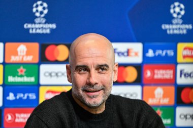 Manchester Şampiyonlar Ligi Basın Konferansı sırasında Manchester City 'nin Pep Guardiola Müdürü Joie Stadyumu, Manchester, İngiltere, 16 Nisan 202