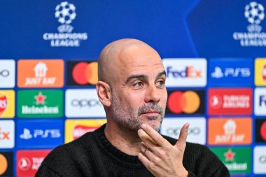 Manchester Şampiyonlar Ligi Basın Konferansı sırasında Manchester City 'nin Pep Guardiola Müdürü Joie Stadyumu, Manchester, İngiltere, 16 Nisan 202