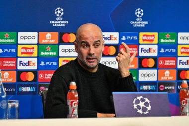 Manchester Şampiyonlar Ligi Basın Konferansı sırasında Manchester City 'nin Pep Guardiola Müdürü Joie Stadyumu, Manchester, İngiltere, 16 Nisan 202