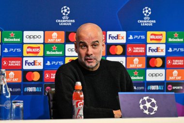 Manchester Şampiyonlar Ligi Basın Konferansı sırasında Manchester City 'nin Pep Guardiola Müdürü Joie Stadyumu, Manchester, İngiltere, 16 Nisan 202