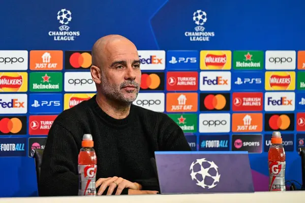 Manchester Şampiyonlar Ligi Basın Konferansı sırasında Manchester City 'nin Pep Guardiola Müdürü Joie Stadyumu, Manchester, İngiltere, 16 Nisan 202