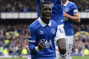 Everton 'dan golcü İdrissa Gueye, İngiltere' nin Liverpool kenti Goodison Park 'ta oynanan Premier League maçında 1-0' lık skorla gol attıktan sonra golünü kutluyor.