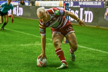 Liam Marshall of Wigan Warriors scores a try during the Betfred Super League Round 8 match Wigan Warriors vs Castleford Tigers at DW Stadium, Wigan, United Kingdom, 19th April 202 clipart