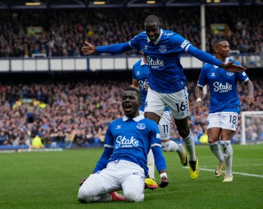 Everton 'dan İdrissa Gueye, İngiltere' nin Liverpool kenti Goodison Park 'ta oynanan Premier League maçında 1-0' lık skoru kutluyor.